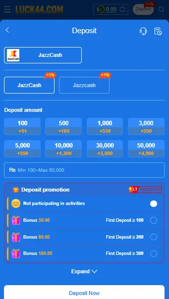 Luck44 Game deposit screen allowing PKR 100 to PKR 50,000 via JazzCash or Easypaisa.
