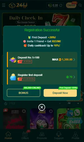 Naya24 Game registration successful bonus offer screen for Pakistani players
