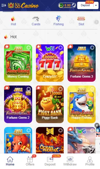88 Casino Game Lobby with Cards, Slots, and Fishing Games