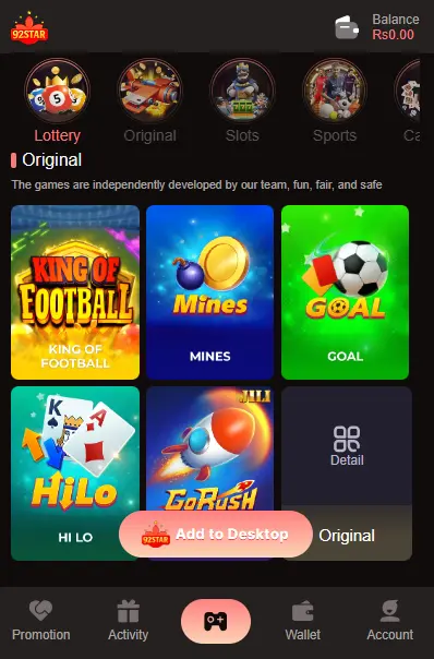 92Star Game Dashboard with different online earning games