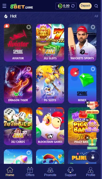 8Bet Game lobby showing Aviator, slots, and casino-style games.
