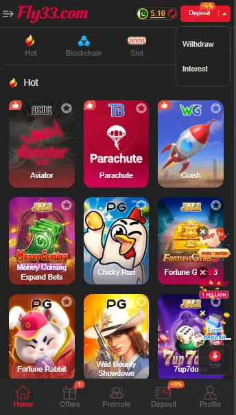 Fly33 Game Lobby with Aviator, Parachute, Crash and Slots