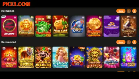 PK33 Game lobby showing Aviator, Fortune Gems, and other games