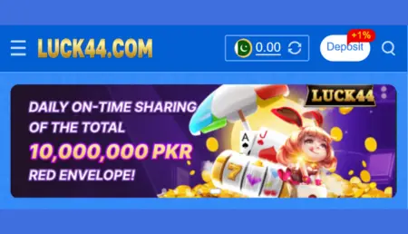 Luck44 Game banner with PKR 10,000,000 red envelope bonus offer in Pakistan.