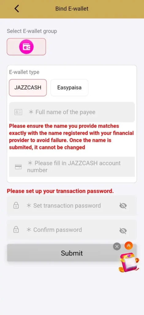 7SKY Game withdraw screen with JazzCash and EasyPaisa payment options