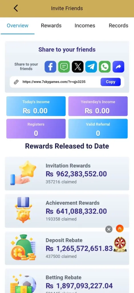 7SKY Game invite friends rewards page showing earnings and bonuses