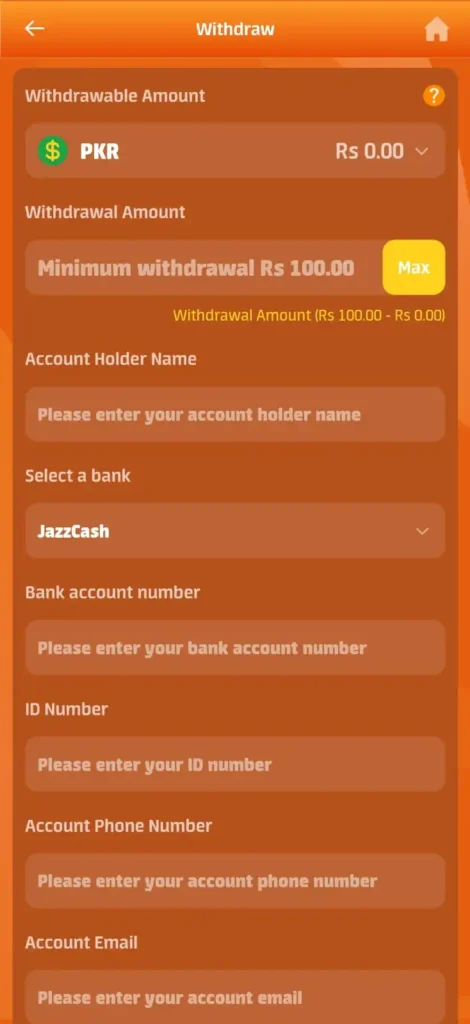 LS168 game withdraw screen with JazzCash option and minimum withdrawal Rs 100.
