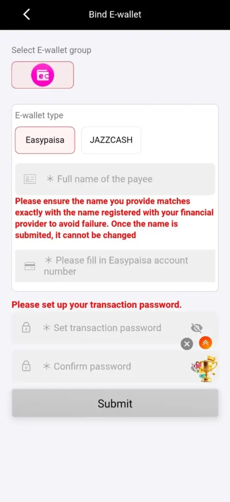 F6 Game deposit screen with Easypaisa and JazzCash options in Pakistan