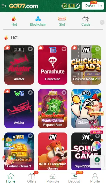 GO177 game lobby showing Aviator, Parachute, Chicken Road, and other earning games.
