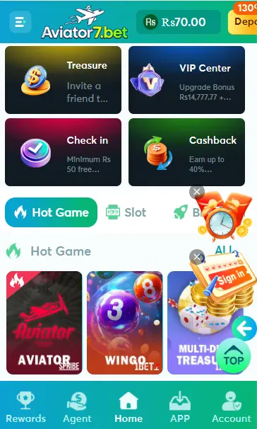 Aviator7Bet app dashboard with Aviator, Wingo, and multi-game features in Pakistan