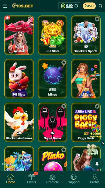 10S game app menu showing Aviator, Slots, 9Wickets Sports, and other earning games in Pakistan