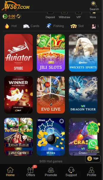 W567 Game lobby showing Aviator, Slots, and Casino Games