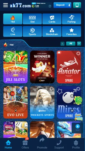 ZK77 online casino app homepage with slots, Aviator, Evo Live, and sports games.
