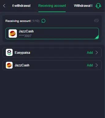 CK999 Game withdrawal options with JazzCash and Easypaisa for Pakistani users.