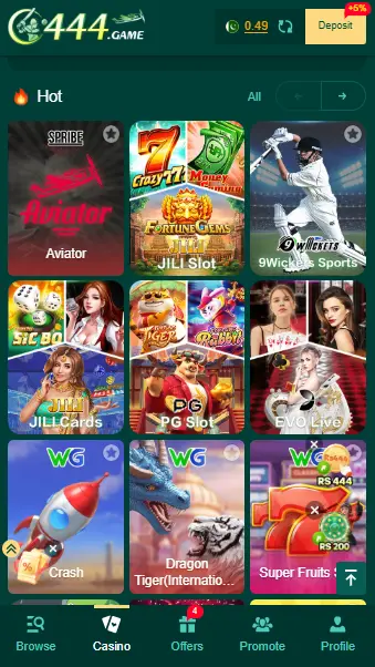 C444 Game platform showing various games and features such as slots, casino, sports, and live games.