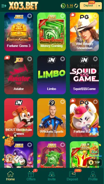 X03 Game list of online earning games including Aviator, Limbo, Squid Game, Fortune Gems, and more.