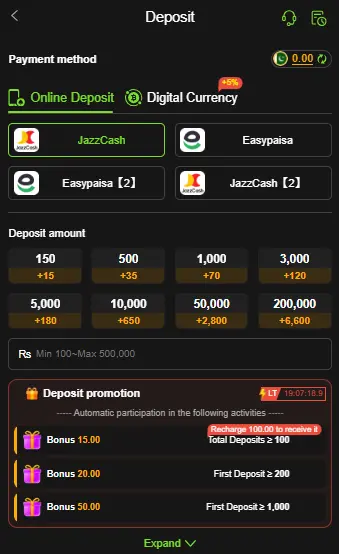 Y999 deposit page with JazzCash and Easypaisa options