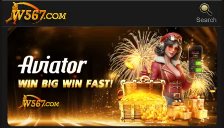 W567 Aviator promo banner with gold chest and fireworks