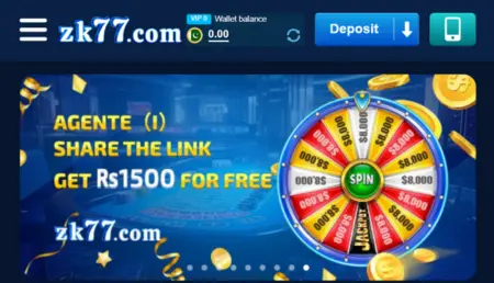 ZK77 bonus banner with free Rs1500 offer and lucky spin wheel.