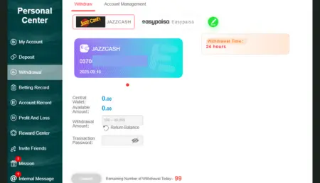 WE999 withdrawal page with JazzCash and Easypaisa options in Pakistan.