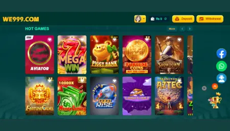 WE999 hot games collection including Aviator, Mega Win, Dragon Tiger, and Fortune Gems.