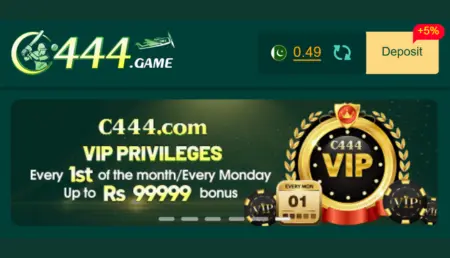 VIP privileges banner for C444 Game, offering bonuses every 1st of the month and every Monday.