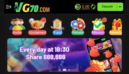 VG70 Game rewards, daily bonus, invite, rebate, and mission section