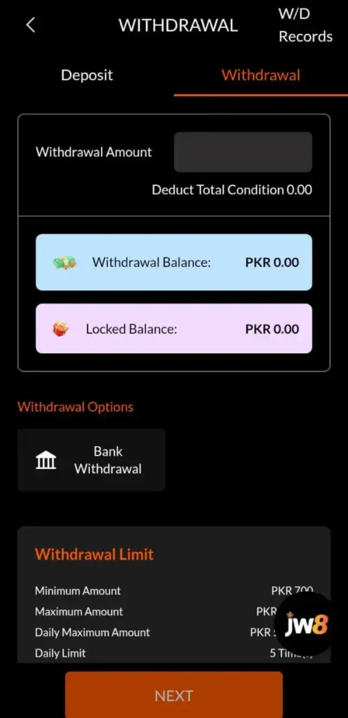 JW8 Game withdrawal screen showing withdrawal amount input, balance, and withdrawal limits.