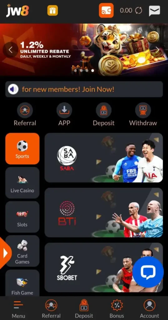 JW8 Game main menu screen displaying game categories like Sports, Live Casino, Slots, Card Games, and Fish Game.