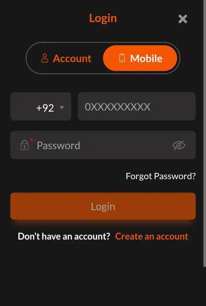 JW8 Game login screen with Pakistani mobile number and password option