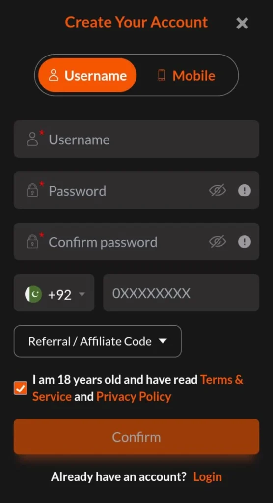 JW8 Game registration screen with username, password, Pakistani mobile number, and OTP verification