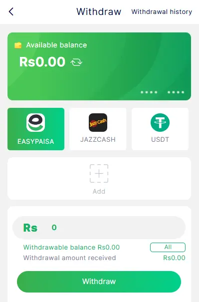 92 PKR Game Withdraw Page – Easypaisa, JazzCash, USDT