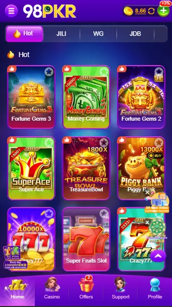 98PKR Game Lobby showing top slot and casino games for real earning in Pakistan