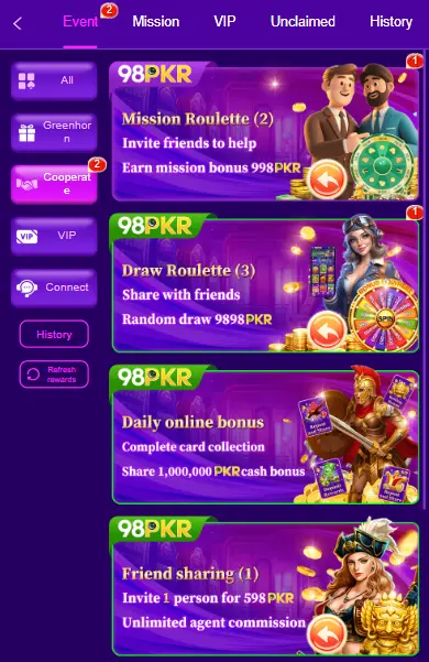 98PKR Game mission screen showing daily bonuses and invite rewards