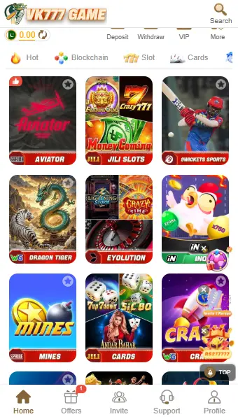 VK777 Game lobby with Aviator, Dragon Tiger, Crazy Time, and slot games