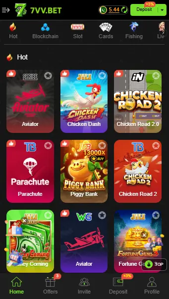 7VV Game hot section with Aviator, Chicken Dash, Piggy Bank, and Parachute games.