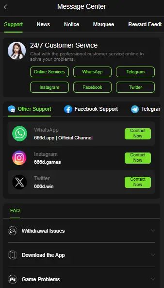 666D customer service support WhatsApp Telegram Instagram