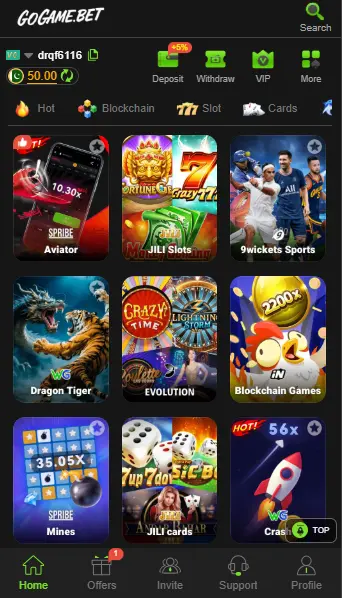 GoGame casino game lobby interface