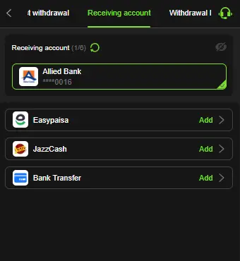 x555 game withdrawal options with Allied Bank and Easypaisa
