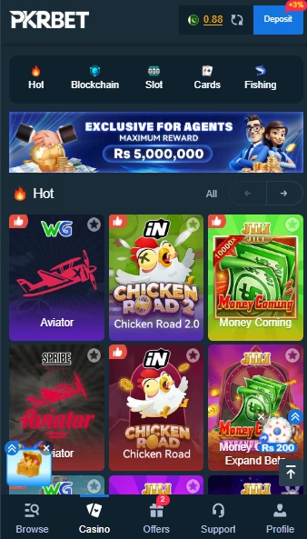 PKR BET game interface showing casino and slot games in Pakistan