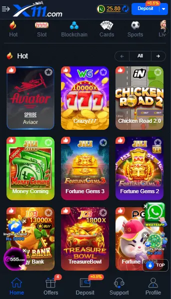 X111 Game interface showing popular games like Aviator and Fortune Gems