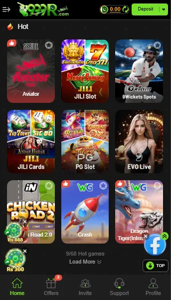 999r game home screen with slots, aviator, and live games