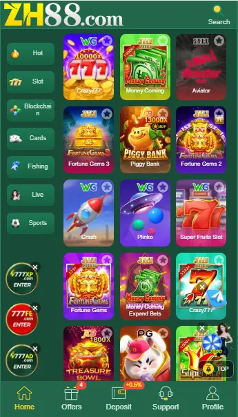 ZH88 Game app dashboard showing slot and casino games in Pakistan