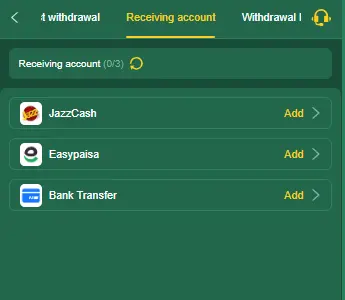 ZH88 withdrawal page with JazzCash Easypaisa and Bank Transfer options