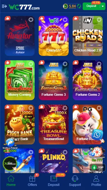 WC777 Game lobby featuring Aviator, Crazy777, Chicken Road, Piggy Bank, Plinko, and multiple slot games