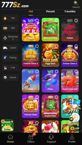 777SZ Game lobby showing slots, crash, plinko and WC777 style games