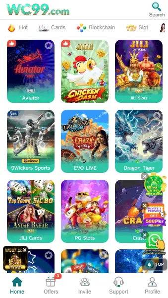 WC99 game home screen showing popular games like Aviator, JILI Slots and EVO Live