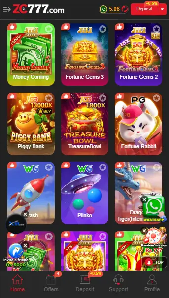 ZC777 Game lobby screenshot showing slot games and features.