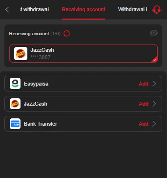 ZC777 Game withdrawal receiving account options including JazzCash and Easypaisa.