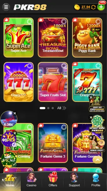 PKR98 game lobby interface showing slot games and casino features